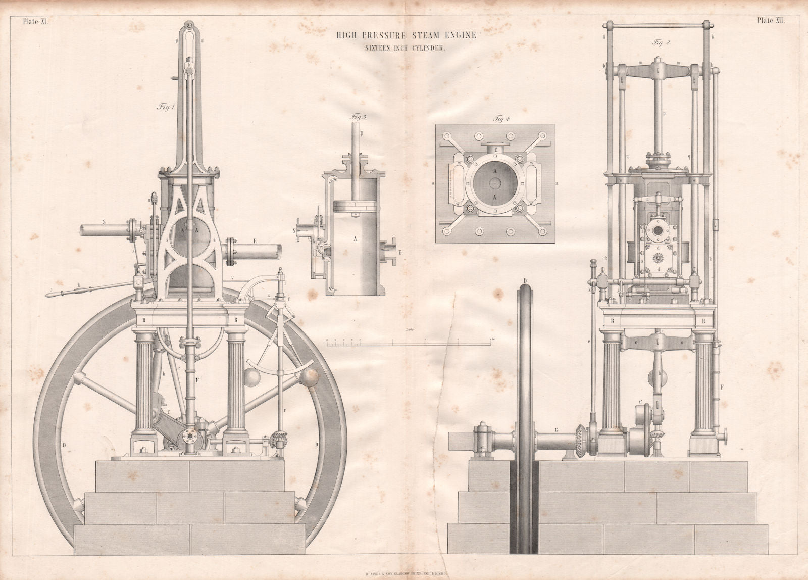 VICTORIAN ENGINEERING DRAWING. High pressure steam engine, 16 inch cylinder 1847